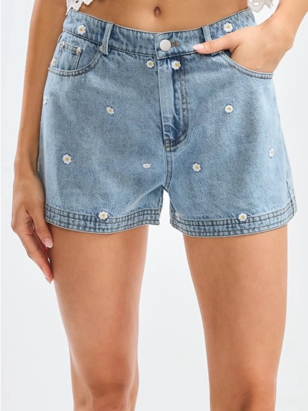 Daisy Embroidered Denim Shorts - Camellia Boutique